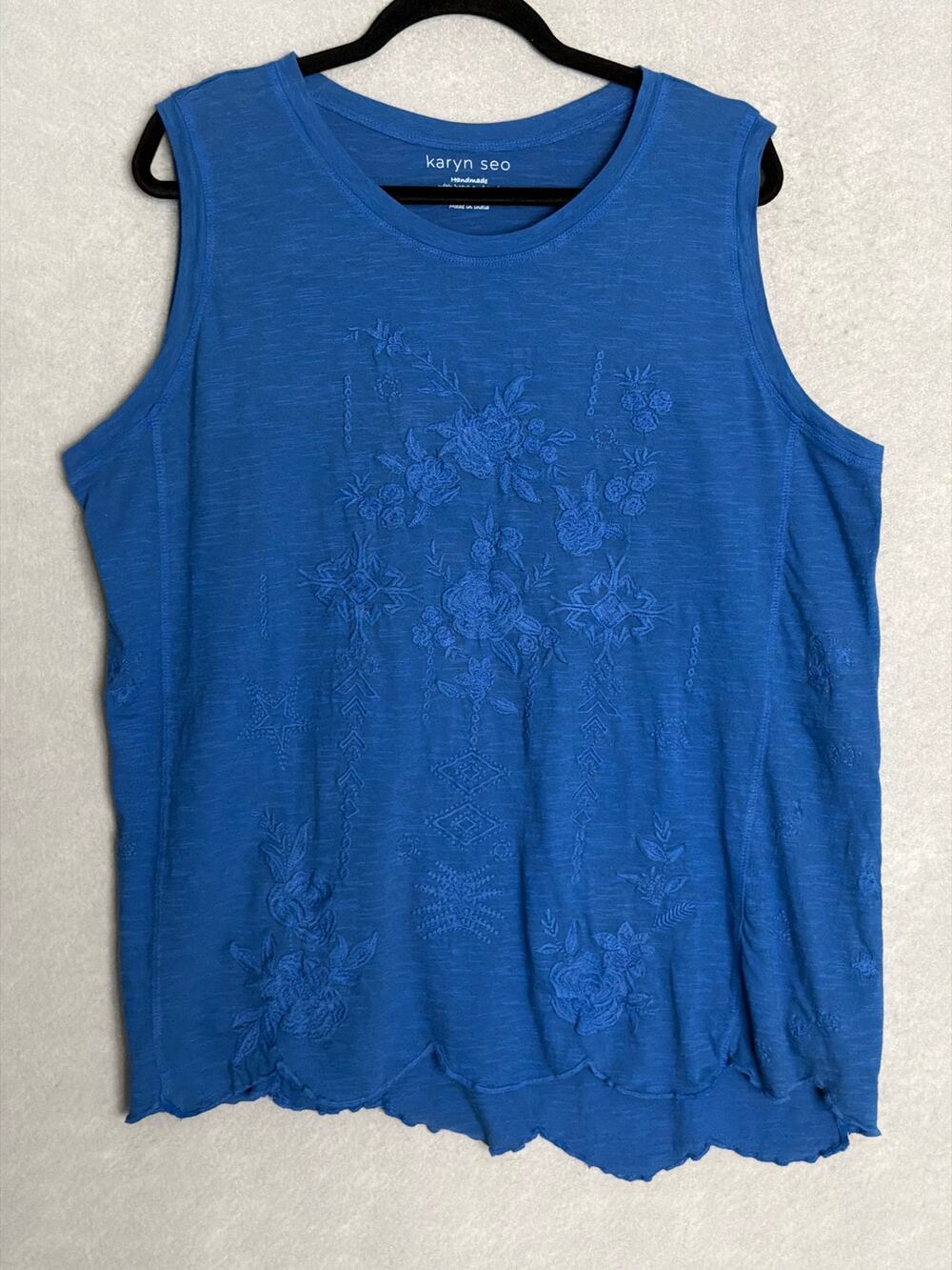 Karen Seo Embroidered Tank Top Cotton Sleeveless Blue Women's Large NEW
